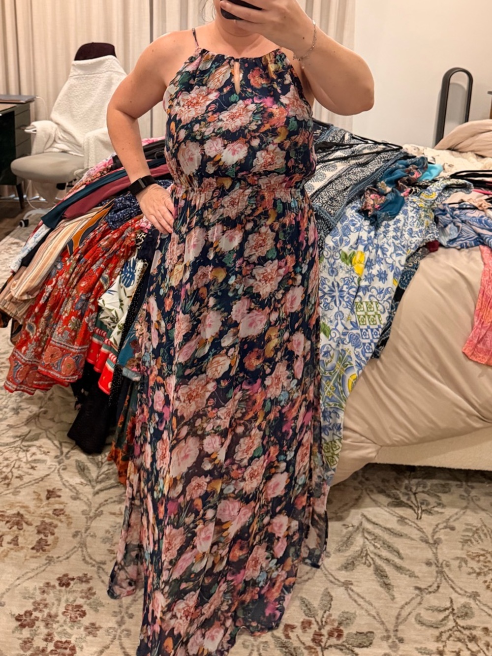 Fate Floral Halter Maxi Dress in Navy and Pink